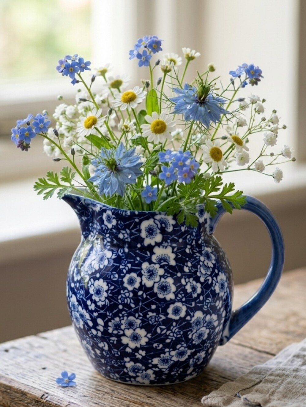 Vintage Victoria Ware Ironstone Blue and White Calico Floral Pitcher - Flow Blue